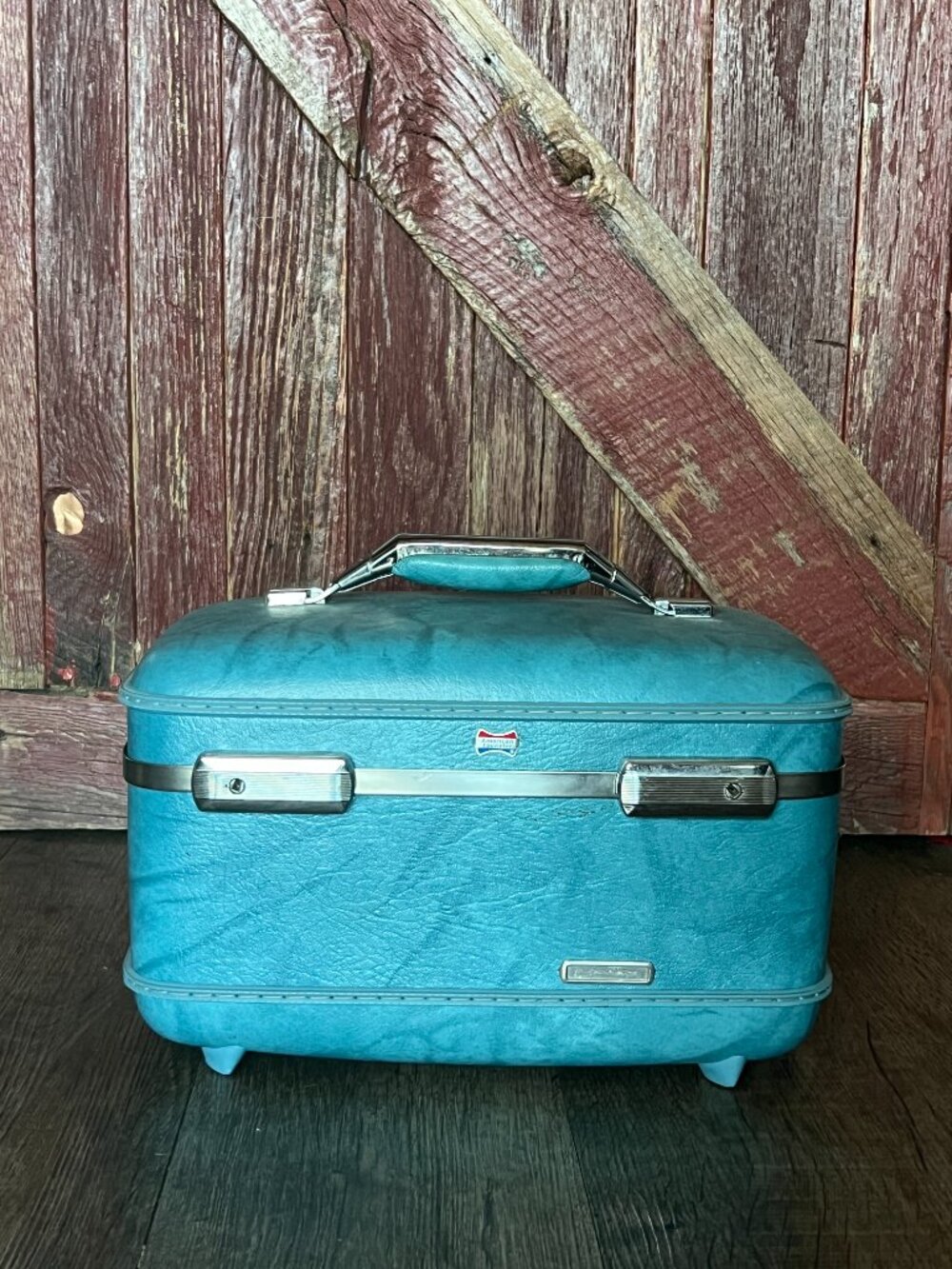 Vintage American Tourister Train Case Turquoise Blue Hard Shell Cosmetic Luggage